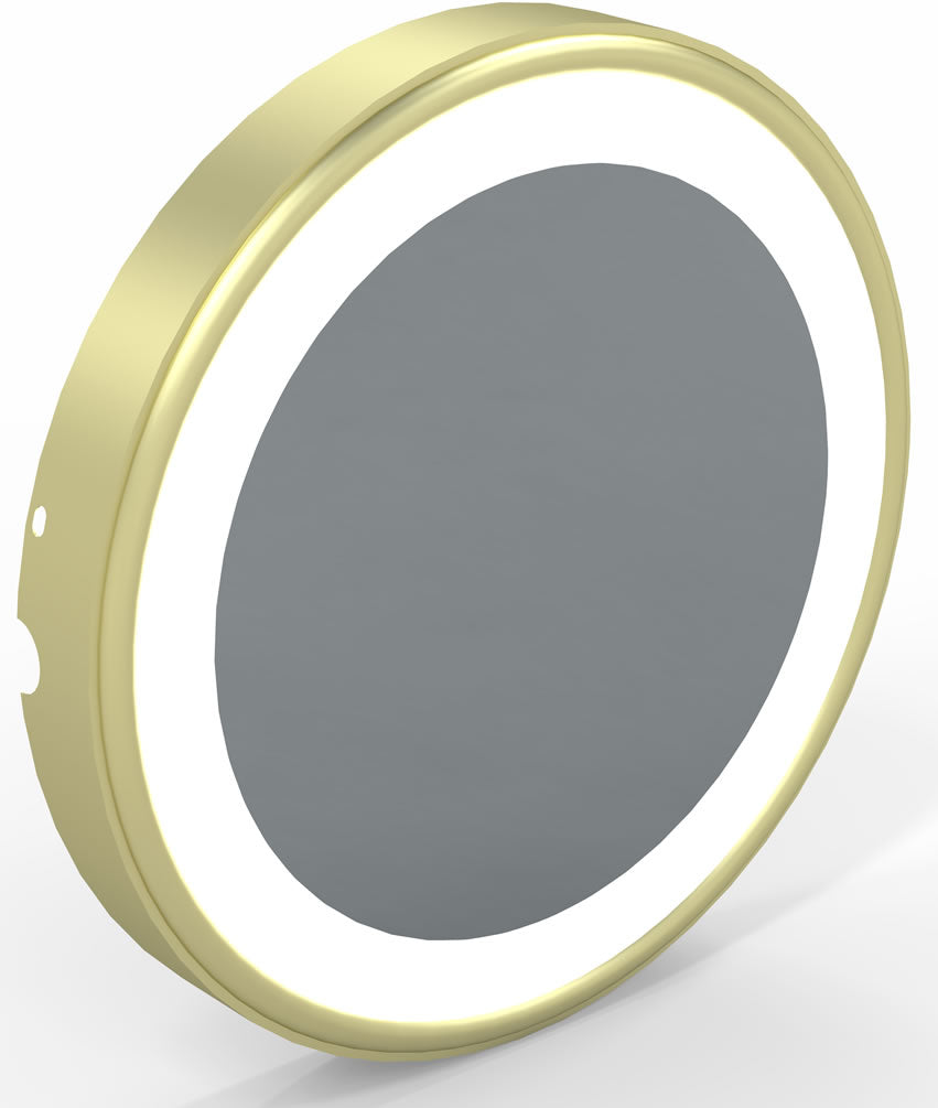 Hardwired 5x/1x Reversible Makeup Mirror, 3500K/5500K LEDs, Brushed Brass - Kimball & Young - Perfect Makeup Mirrors