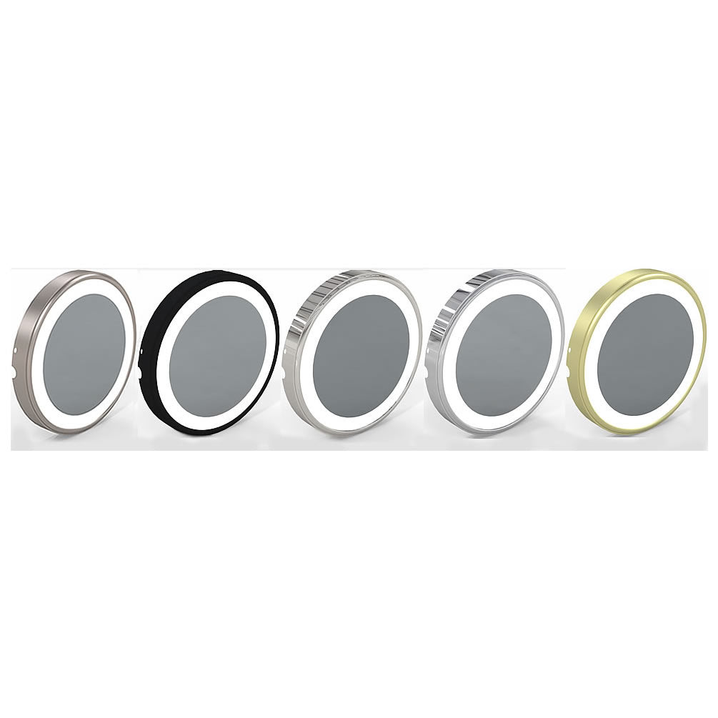 Left to right:  Brushed Nickel, Matte Black, Polished Nickel, Polished Chrome, Brushed Brass
