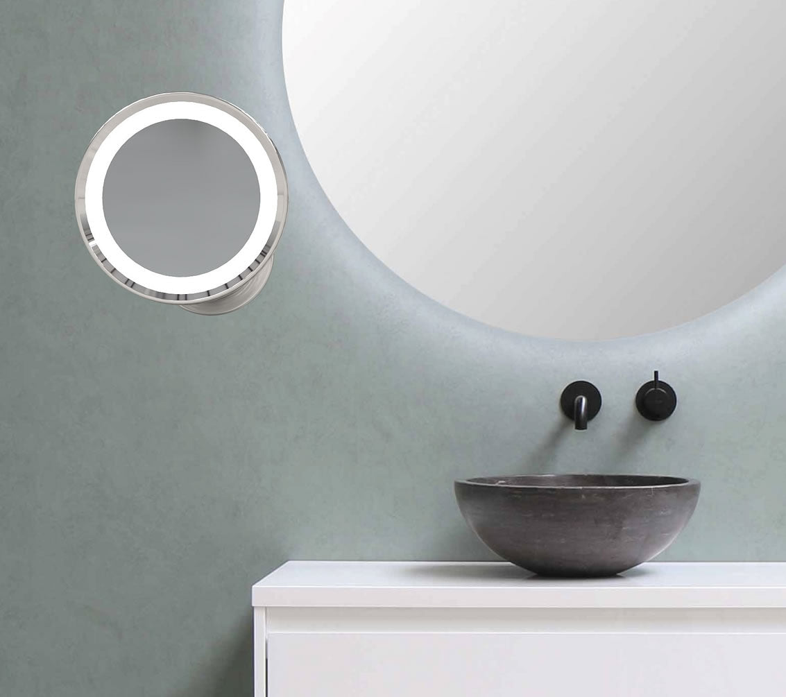 1-Sided 2-Color LED 5x Hardwired Makeup Mirror, Polished Nickel - Kimball & Young - Perfect Makeup Mirrors