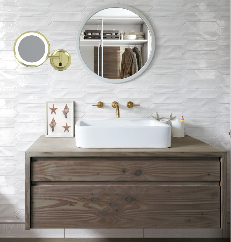 Kimball & Young Hardwired 1-Sided 2-Color LED 5x Make Up Mirror, Brushed Brass + 4 Finishes