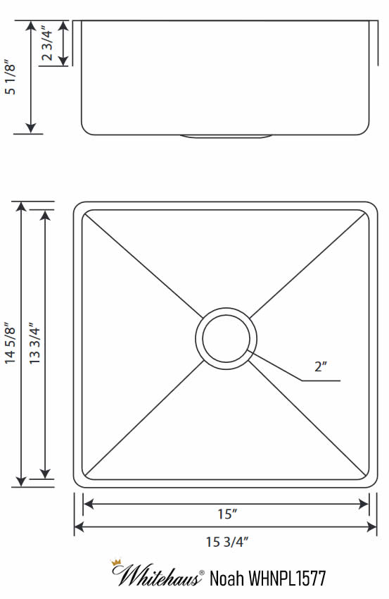 Whitehaus Noah 15" Square Drop-In Bathroom Sink Dimensions