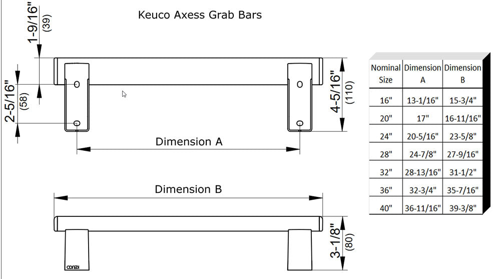 Keuco Axess Grab Bar - 7 Sizes From 16" to 40" - 3 Finishes