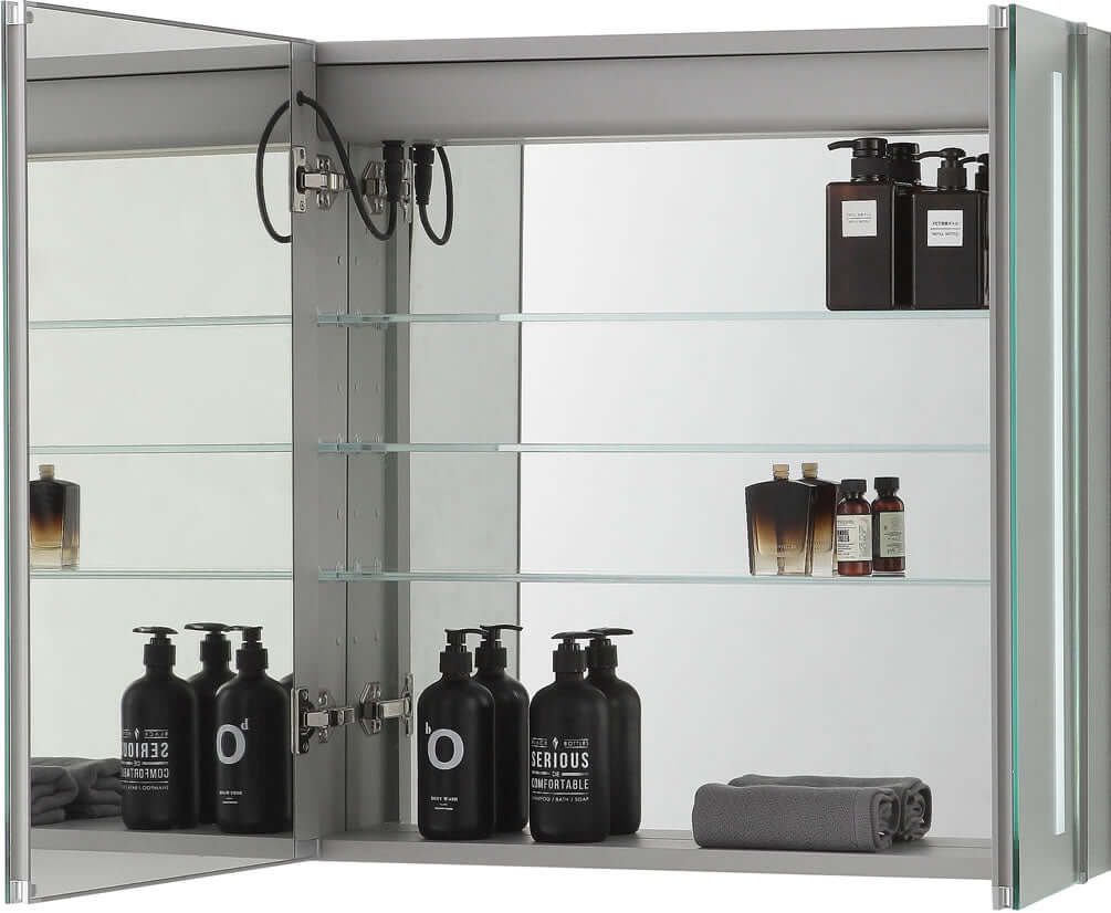 Doors are mirrored inside and out, as is the back wall.  Door widths: Left- 20", Right - 10".