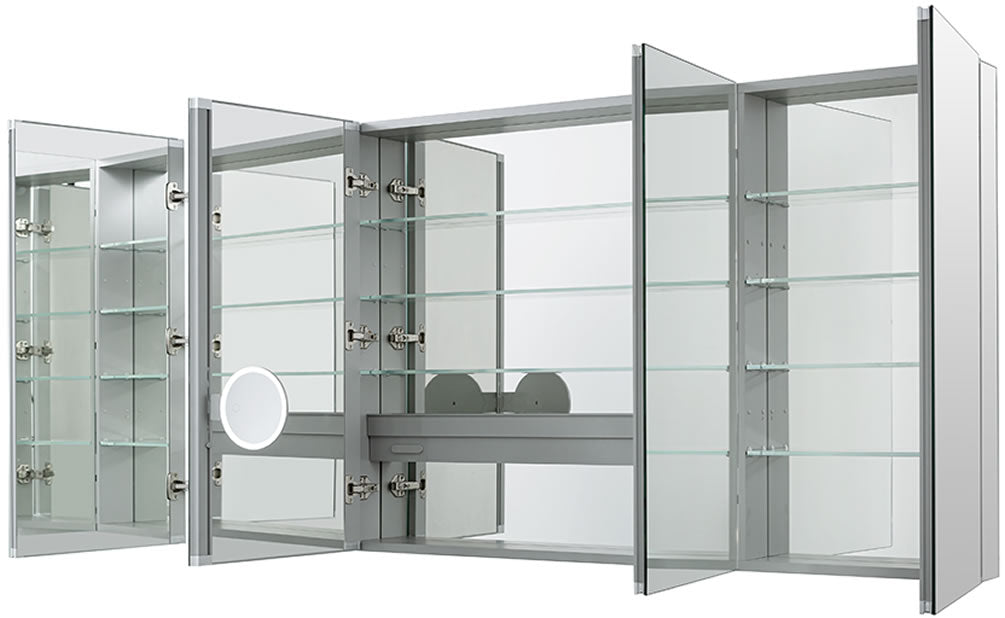 Aquadom Royale 4-Door 72" Wide Medicine Cabinet - Not LED Lighted, with LED Lighted Magnifying Makeup Mirror, and Internal Electrical Outlet and Magnetic Bar