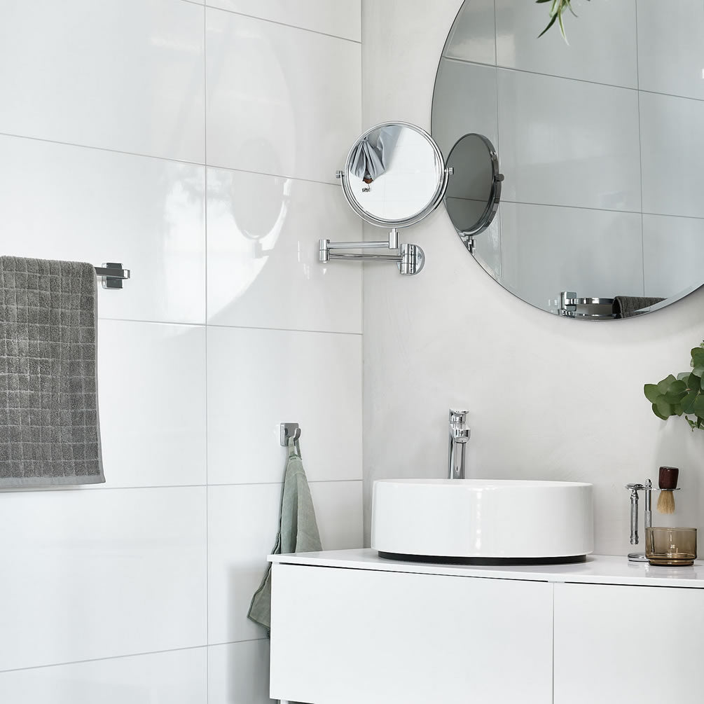 Outline Collection 7x/1x Reversible Wall-Mounted Makeup Mirror - Chrome, Brass, or Black - SMEDBO - Perfect Makeup Mirrors