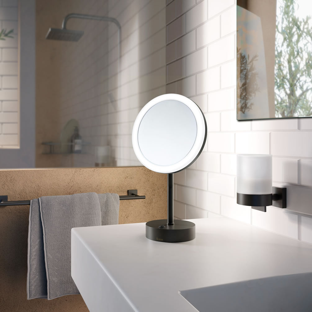 Smedbo 5x Free-Standing Battery Operated Makeup Mirror with Light - 3 Finishes