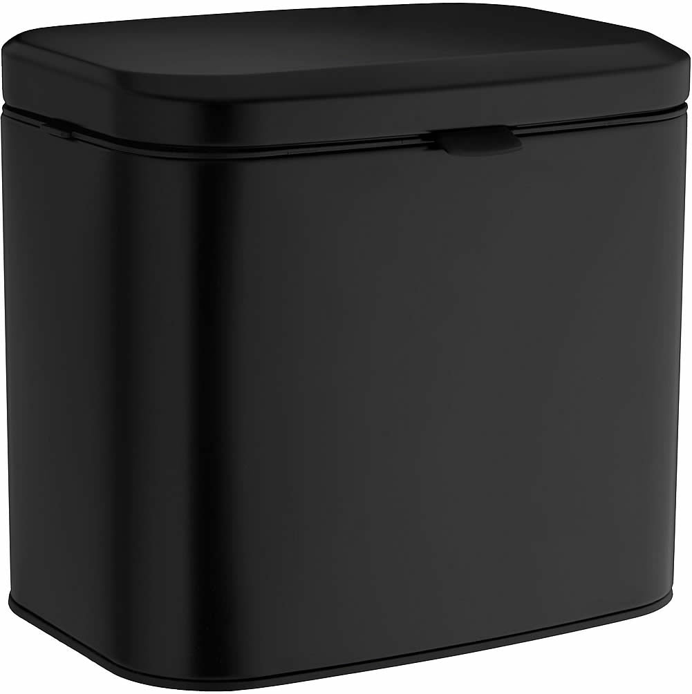 Matte Black Stainless Steel.  11" Wide x 10" High x 10" Deep, with soft close lid and removable liner.