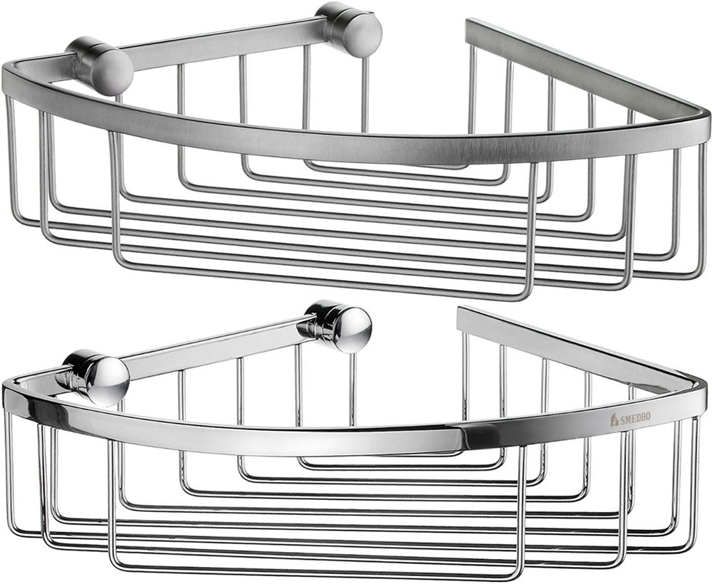 Solid Brass Smedbo Sideline Collection Corner Shower Baskets.  Brushed Chrome at topo, Polished Chrome below.