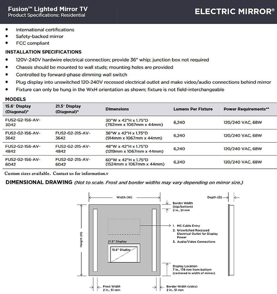 Electric Mirror Fusion Mirror TV Specifications