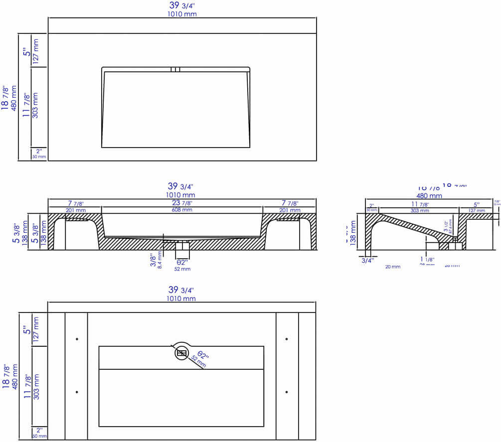 40" Rectangular Sink Dimensional Drawing