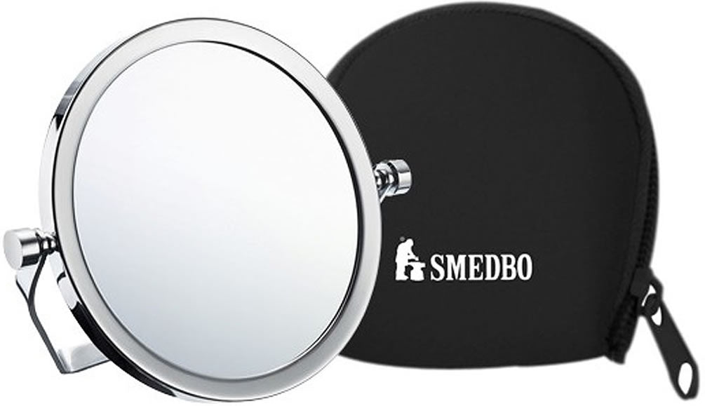 Smedbo 5x/1x reversible travel mirror with stand and Neoprene travel case.