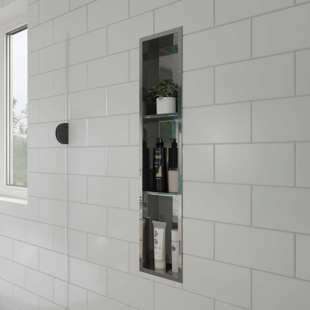 Alfi brand Triple Shelf 8 x 36 Shower Niche, Polished Stainless Steel