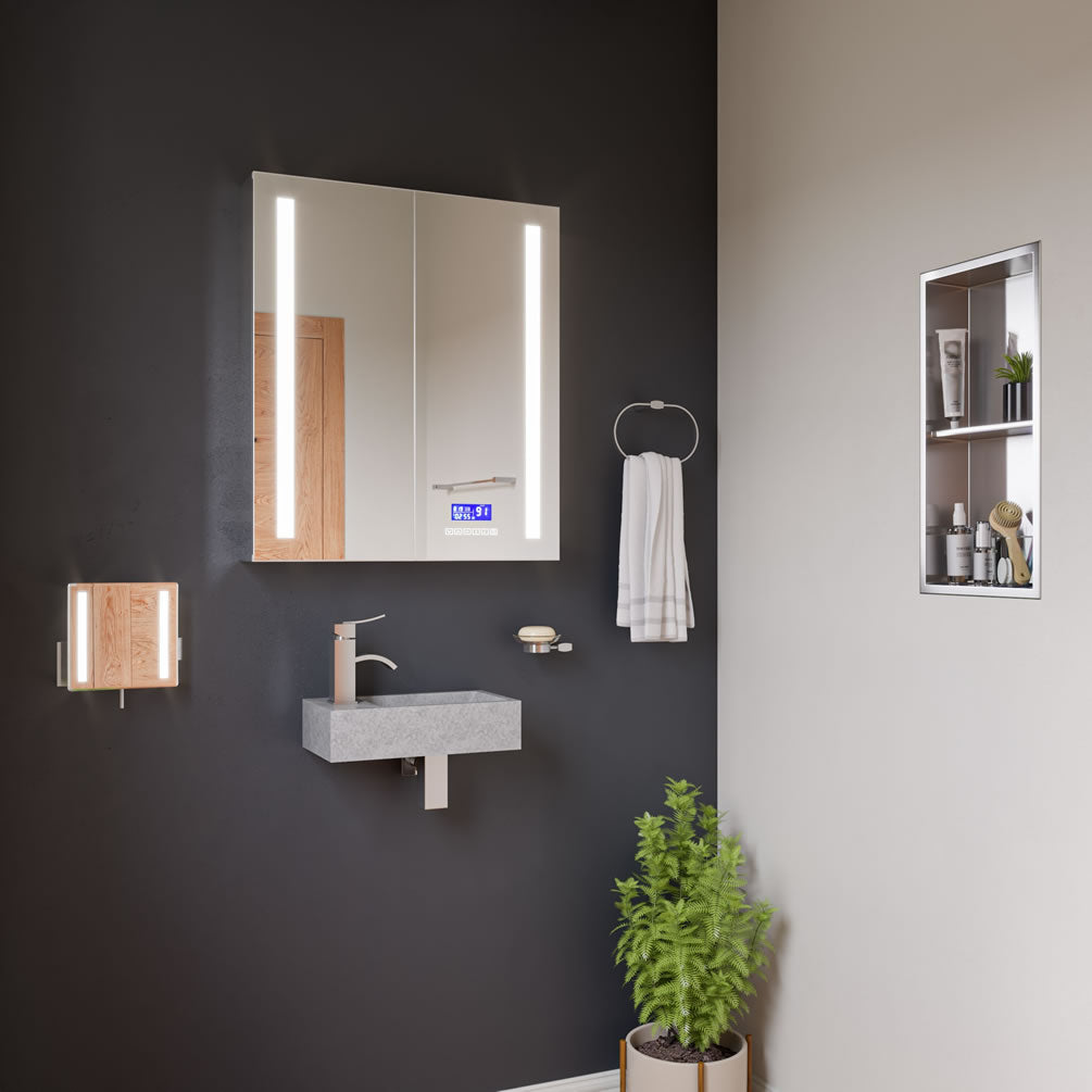 Use it in the bathroom, or in the shower.  Alfi brand 12" x 24" double-shelf Brushed Stainless Steel Shower/Bathroom Niche