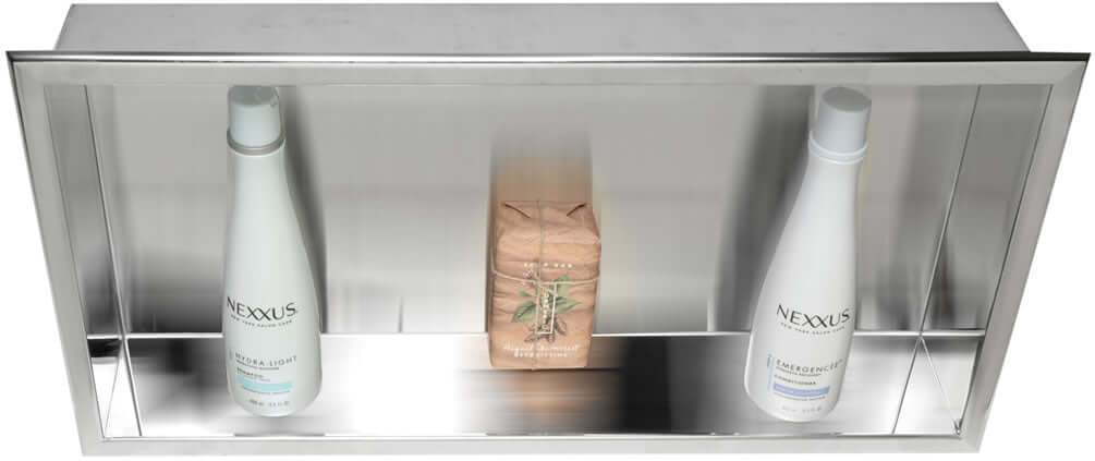 Looking down on Polished Stainless Steel 24" x 12" x 4" Bathroom/Shower Niche