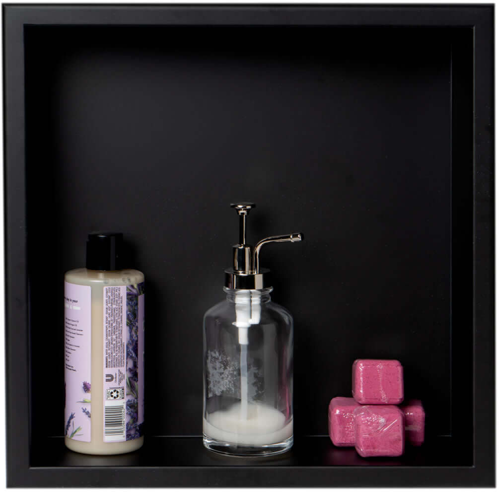 Use it in the shower on iin a wall in any room.  The Alfi brand 16" x 16" Niche, Stainless Steel Powder Coat Matte Black