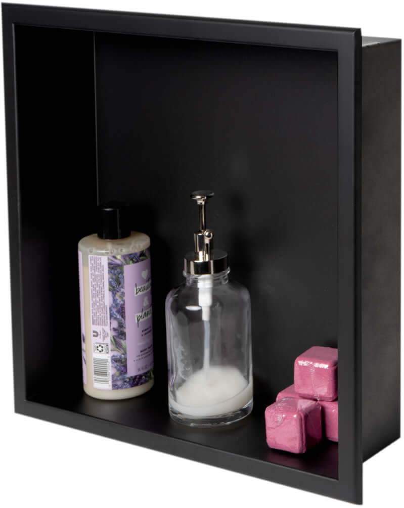 Alfi brand 16" x 16" Niche, Stainless Steel Powder Coat Matte Black - plenty of room for tall shampoo bottles.