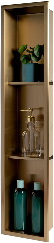 PVD Steel in Brushed Gold by Alfi brand - 8" x 36" 3-shelf Vertical Niche