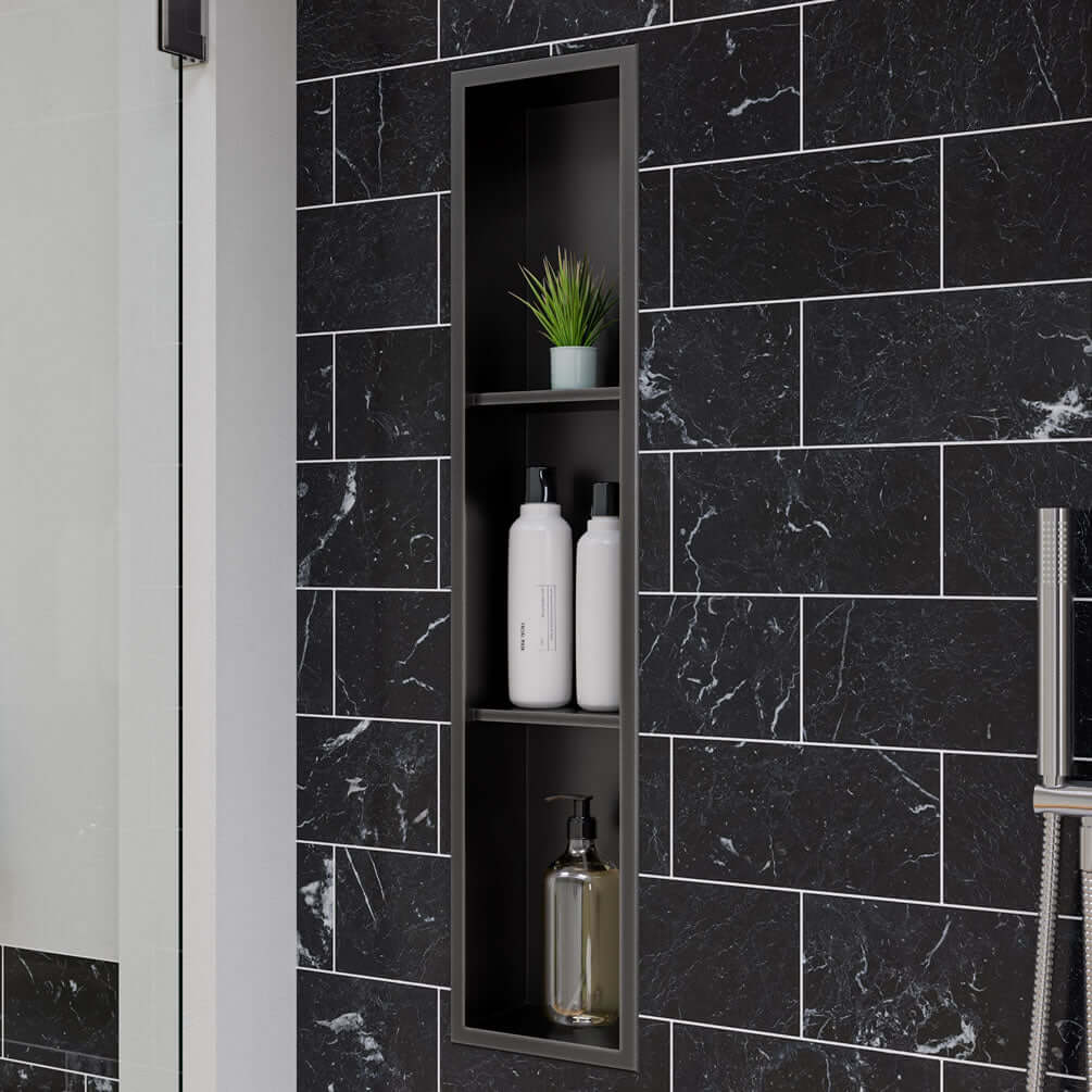 PVD Steel in Brushed Black by Alfi brand - 8" x 36" 3-shelf Vertical Niche
