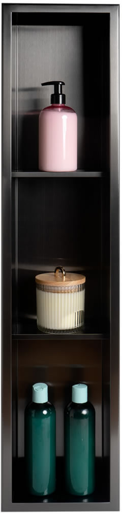 PVD Steel in Brushed Black by Alfi brand - 8" x 36" 3-shelf Vertical Niche