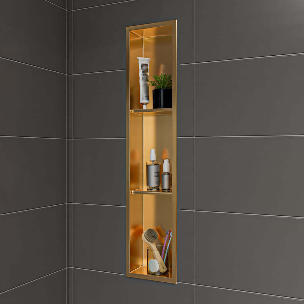 PVD Steel in Brushed Gold by Alfi brand - 8" x 36" 3-shelf Vertical Niche
