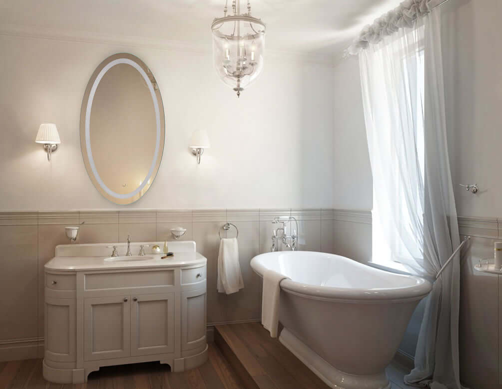 Krugg Icon 24" x 42" Oval Vanity Mirror with 6,000k LED lighting and a CRI of 90+.  Can also be mounted horizontally.
