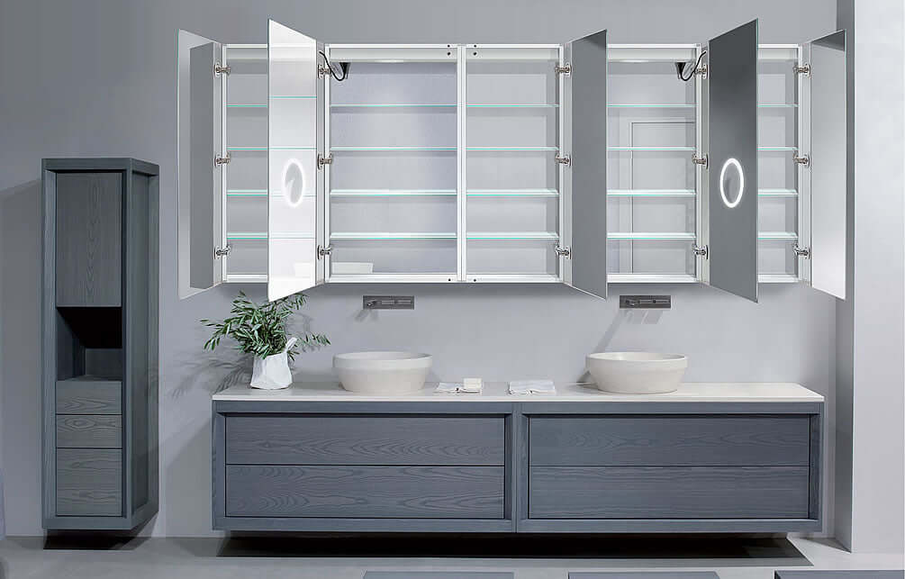 Krugg Reflections 102" Wide Svange LED 5-Bay Penta Medicine Cabinet w/ Dimmer & Defogger -2 Heights