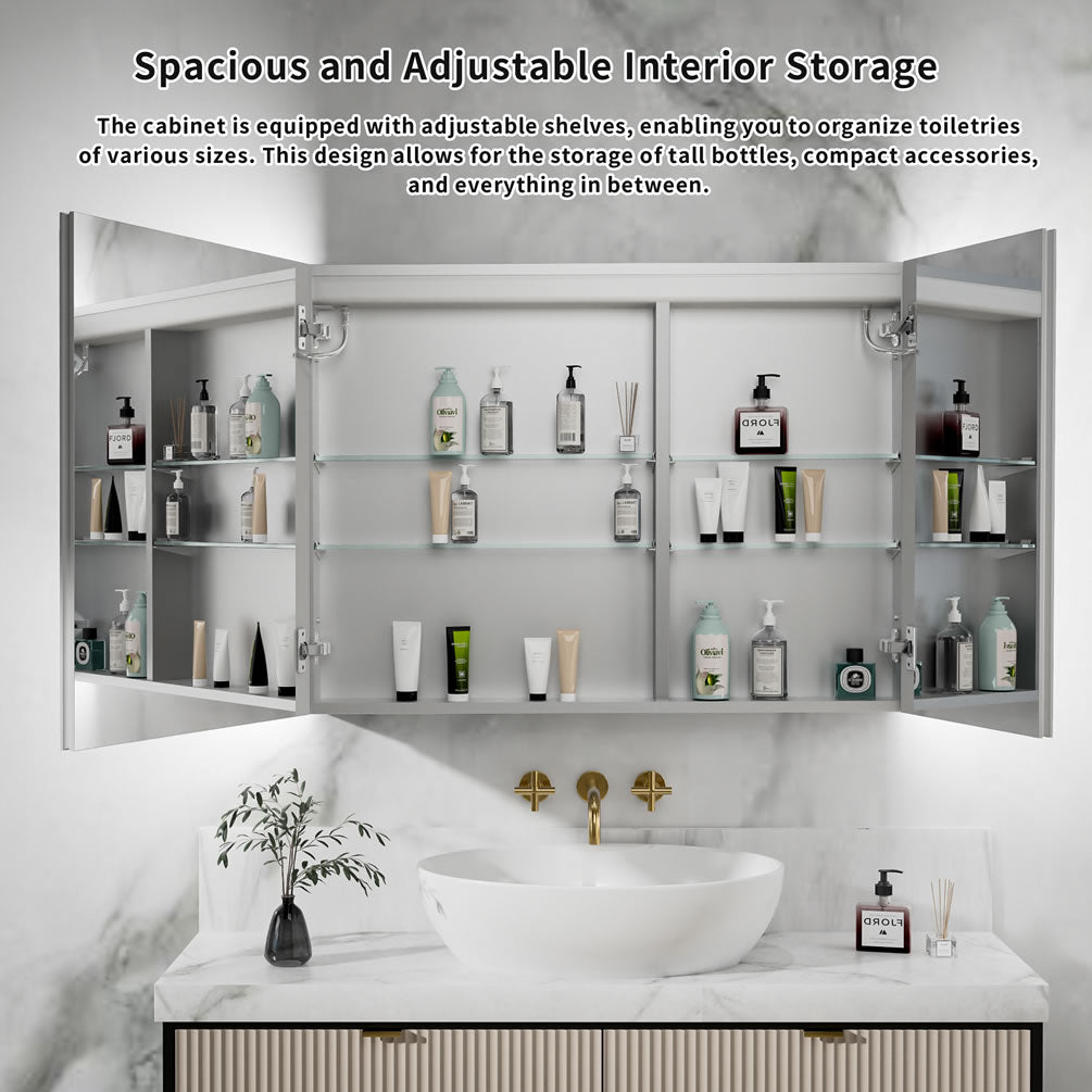 Relais 40" x 30" High Medicine ccabinet has plenty of storage space inside.  The door-back are mirrored and the exterior sides are mirrored for surface mounting (easily removable for recessed mounting).