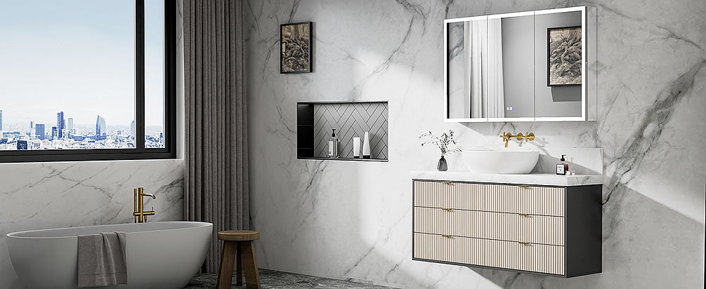 Relais 48" Wide x 30" High double-door medicine cabinet - with dimmer, defogger, and adjustable LED color temperature.