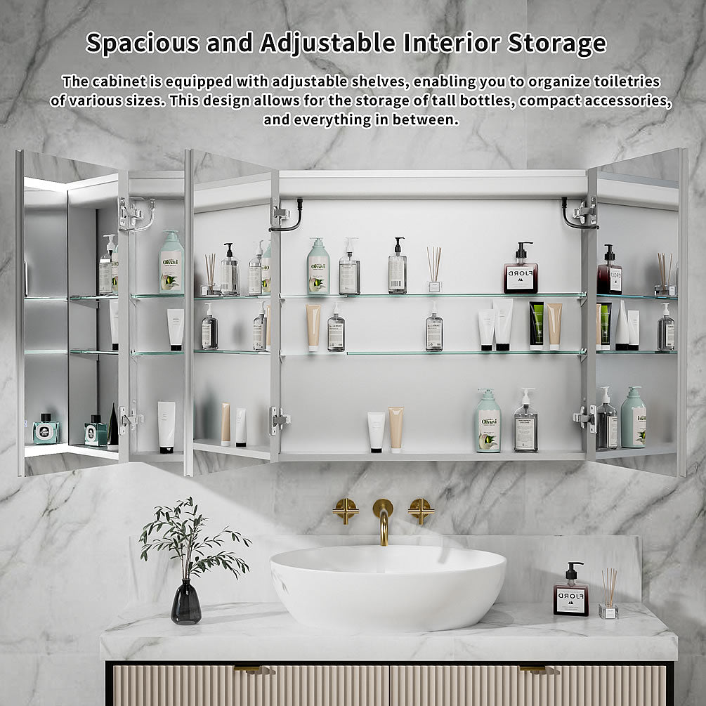 Opened 48" Wide Relais Medicine Cabinet - with interior mirrored doors and tons of storage.