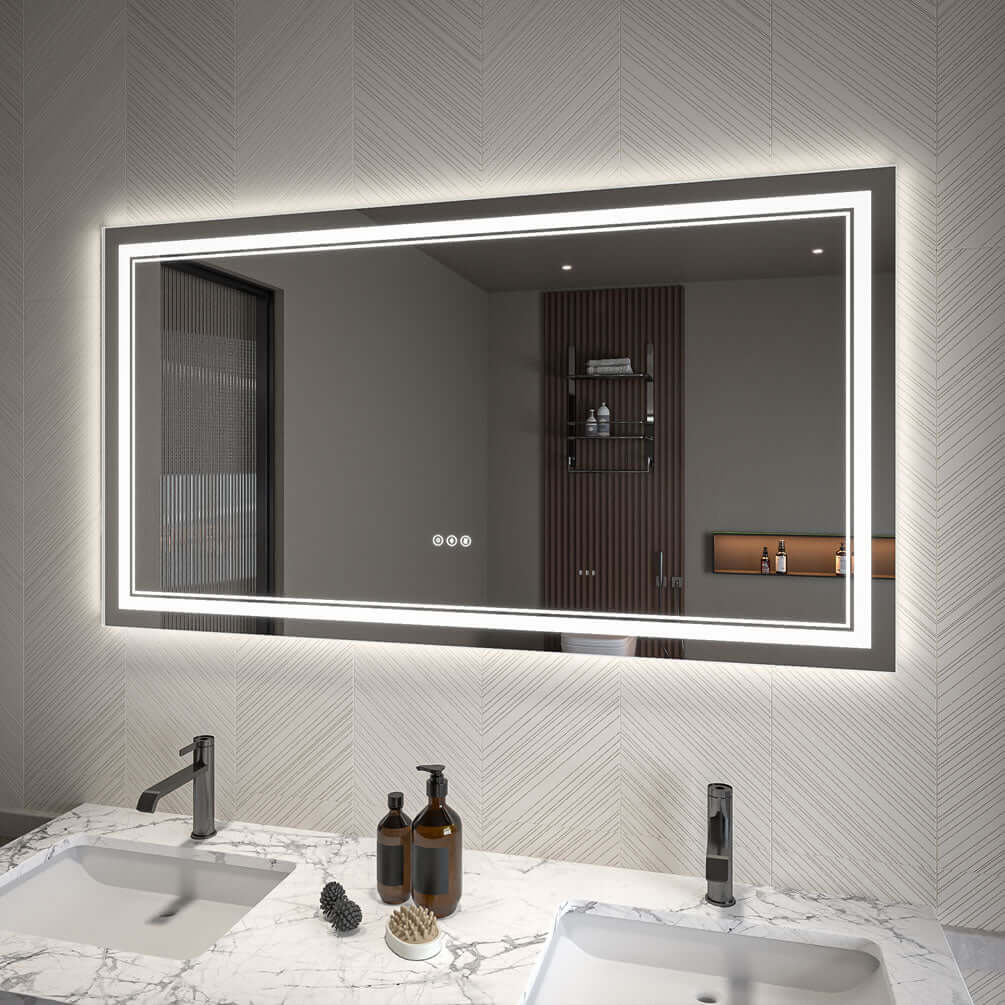 30" x 55" Covington LED Vanity Mirror by  Mirror Luxe - with dimmer and defogger.  Usually mounted horizontally, as shown, but can also be mounted vertically.