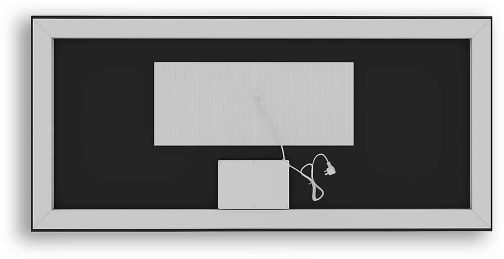 Tyypical rear view of Covington 55" and 60" LED Vanity Mirrors.  Plug in or hardwire.  If hardwired, control is transferred to the wall switch.