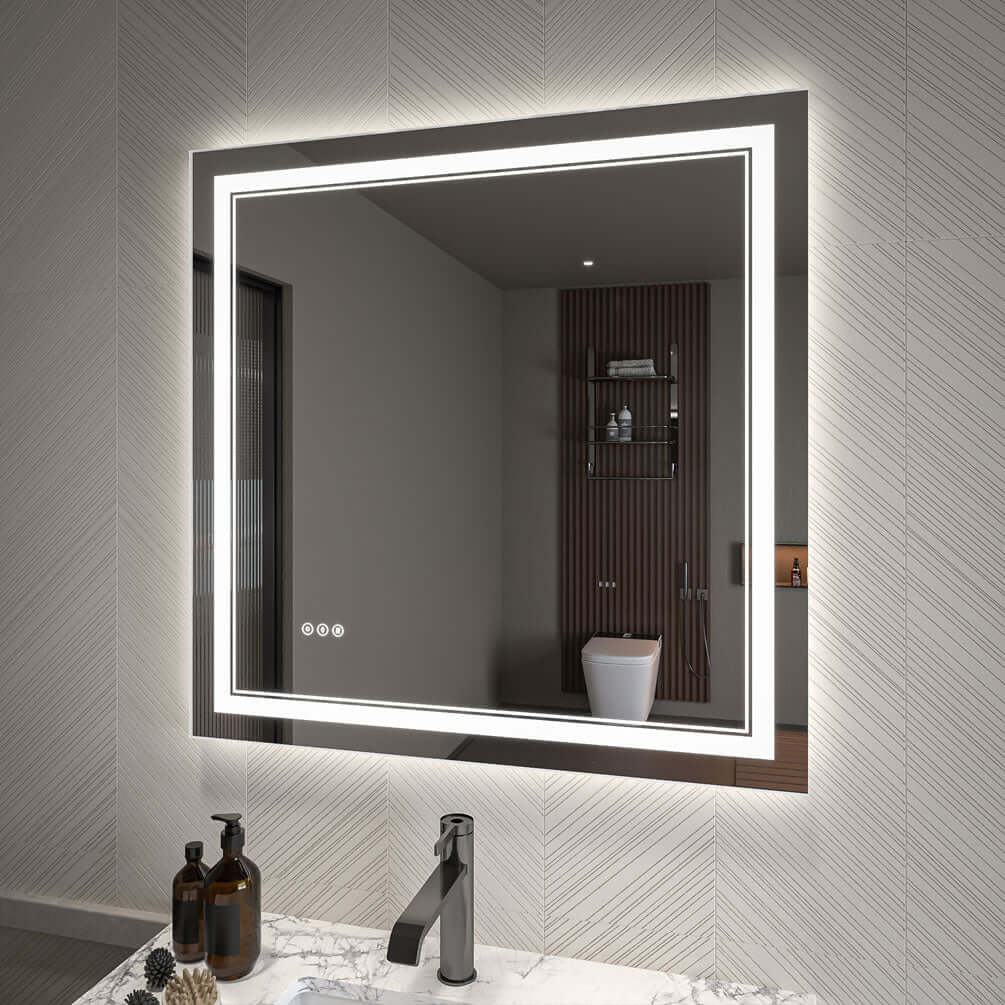 Square-format Covington 36" x 36" LED Bathroom Vanity Mirror with dimmer and switchable LED coloring - 3,000k/4,000k/6,000k.