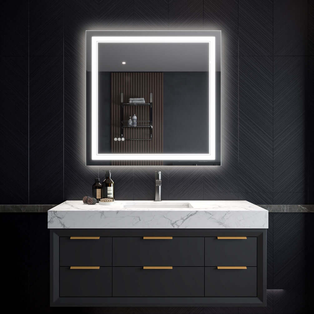 Mirror Luxe Covington 36" x 36" LED Bathroom Vanity Mirror has dimmer and electric fog-free area.