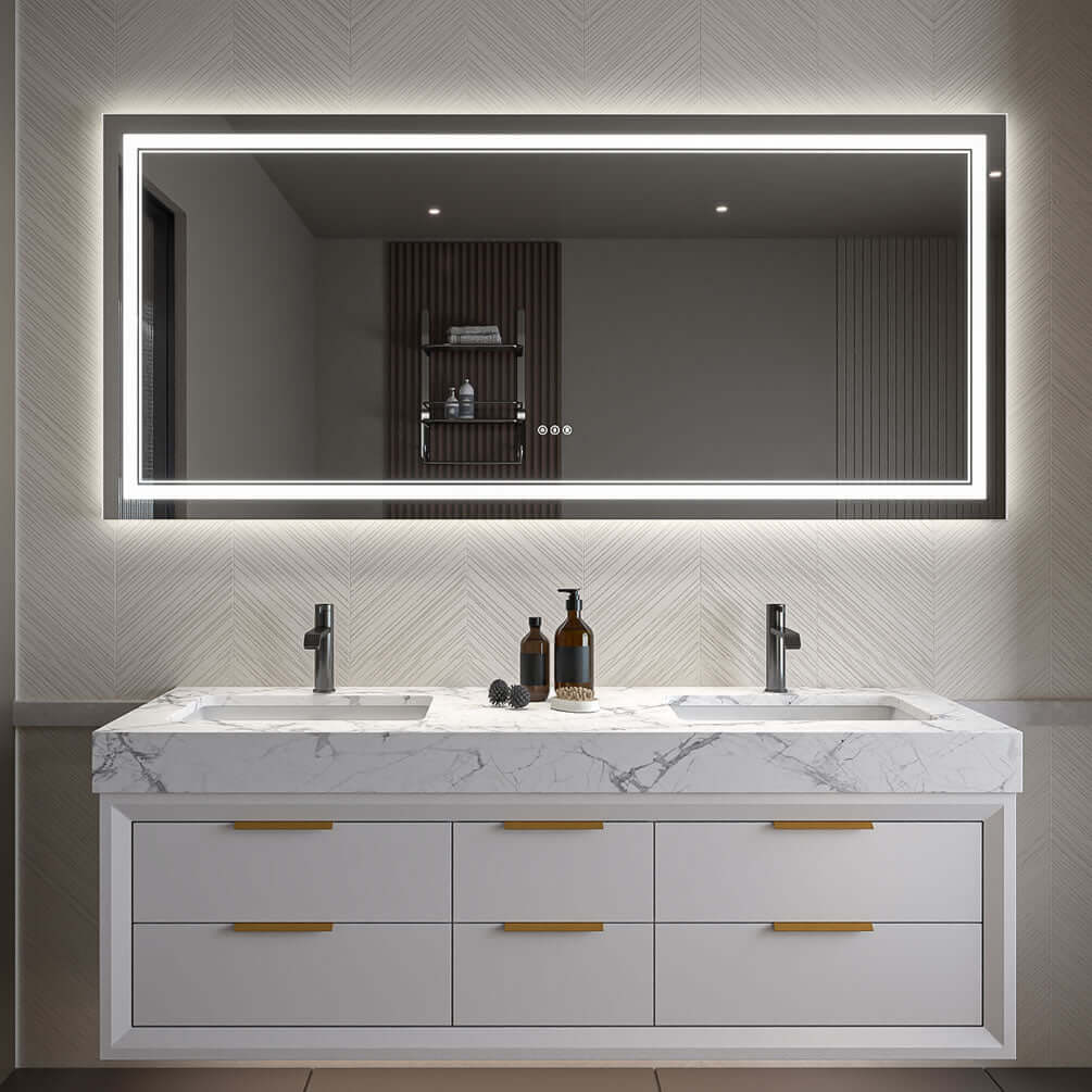 72" Wide in 32" or 36" heights.  Can also be mouted vertically as a wardrobe mirror.
