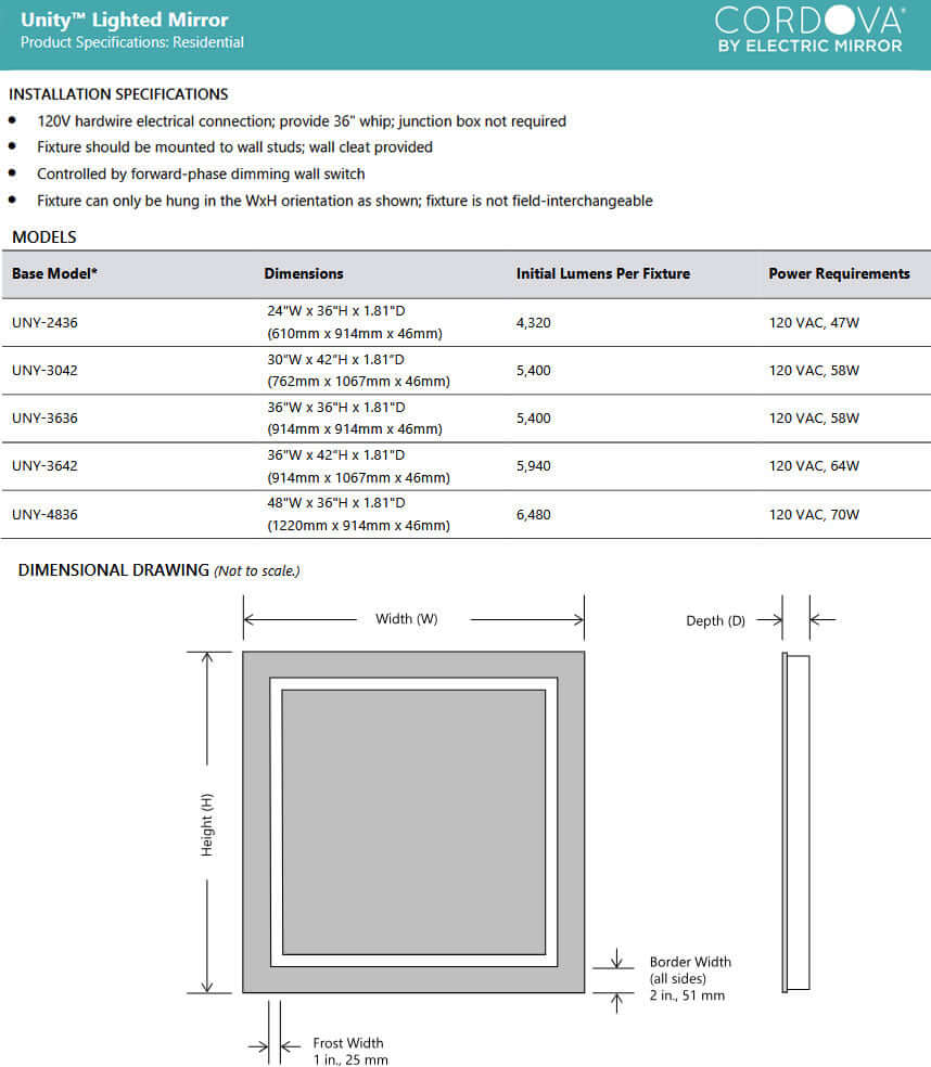 Cordova Unity Natural-Light Bathroom LED Mirror with 1-inch Frosted Continuousl Band - 5 Sizes