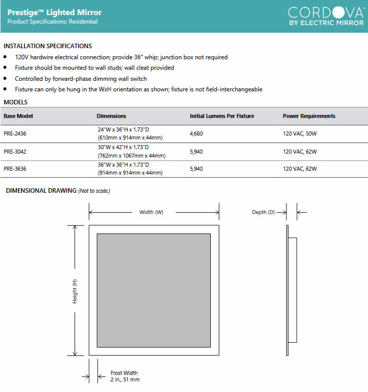 Cordova Prestige Specifications