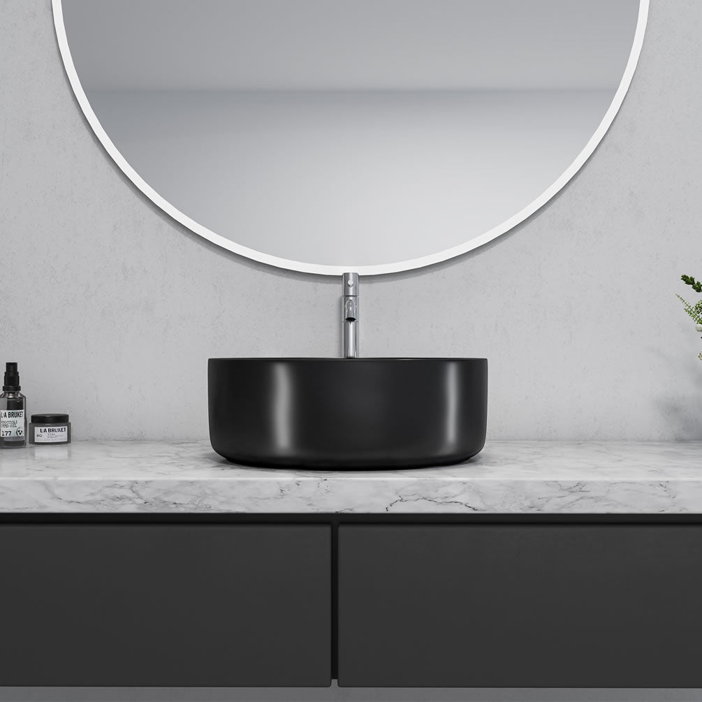 Altair Design 14" Round Sabine Ceramic Bathroom Vesse; Sink - Black or White Finish