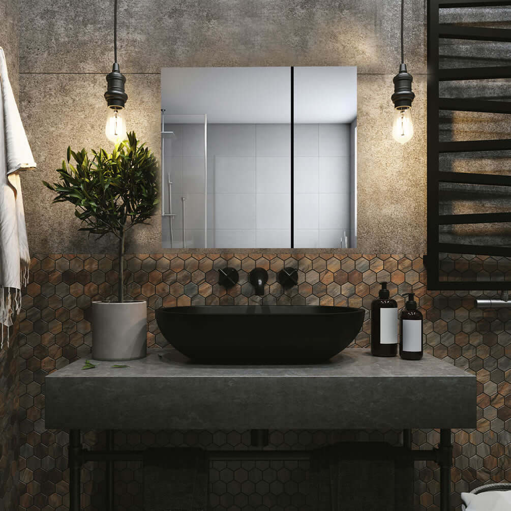 Aquadom Royale 3-Door Medicine Cabinet in a modern bathroom setting with stylish accessories.