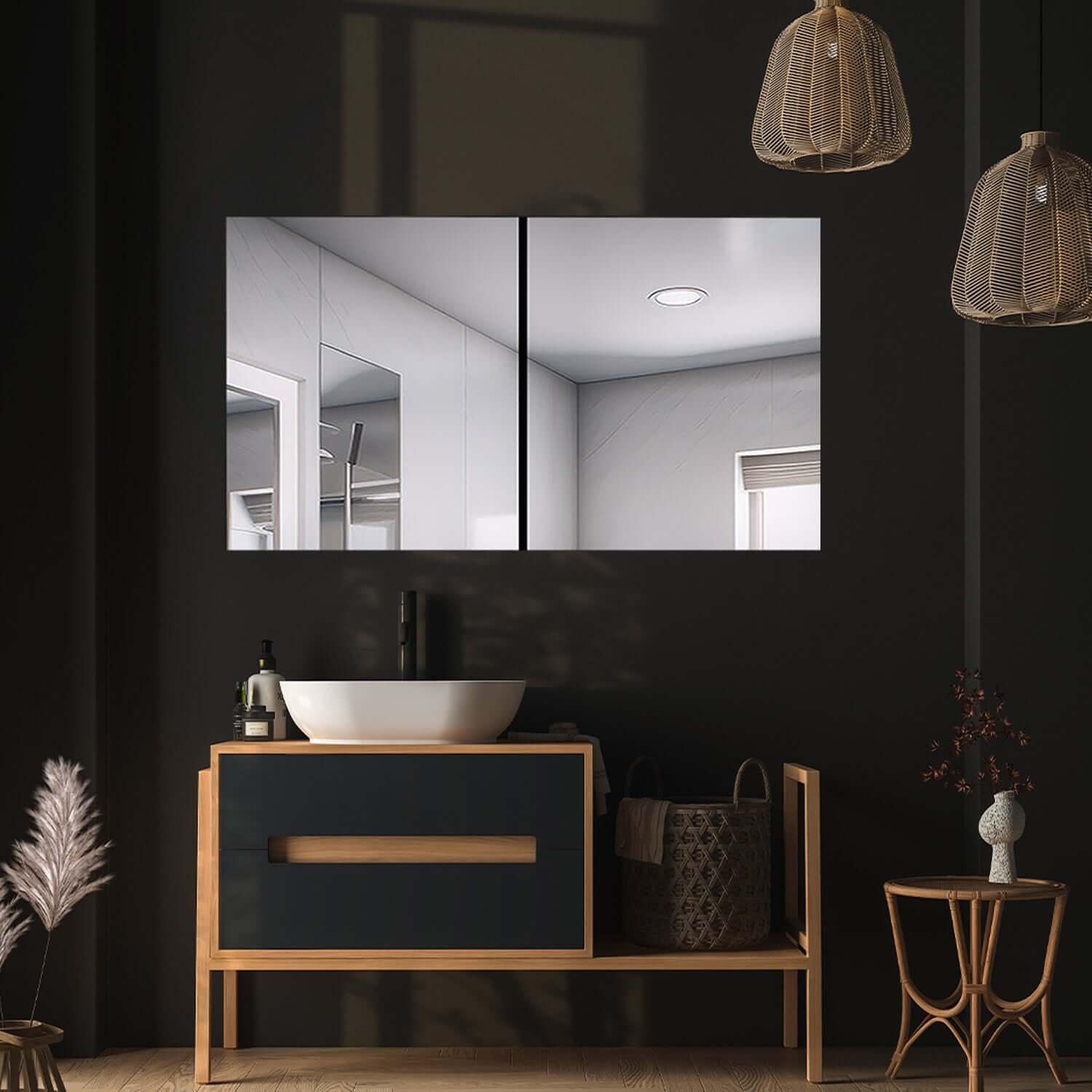 Aquadom Royale 3-Door Medicine Cabinet displayed above a modern sink with natural lighting in a stylish bathroom setting.