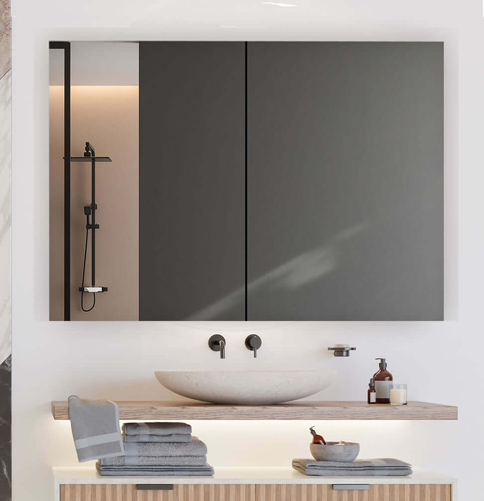 Aquadom Royale 3-Door Medicine Cabinet in modern bathroom setting with sink and elegant decor.