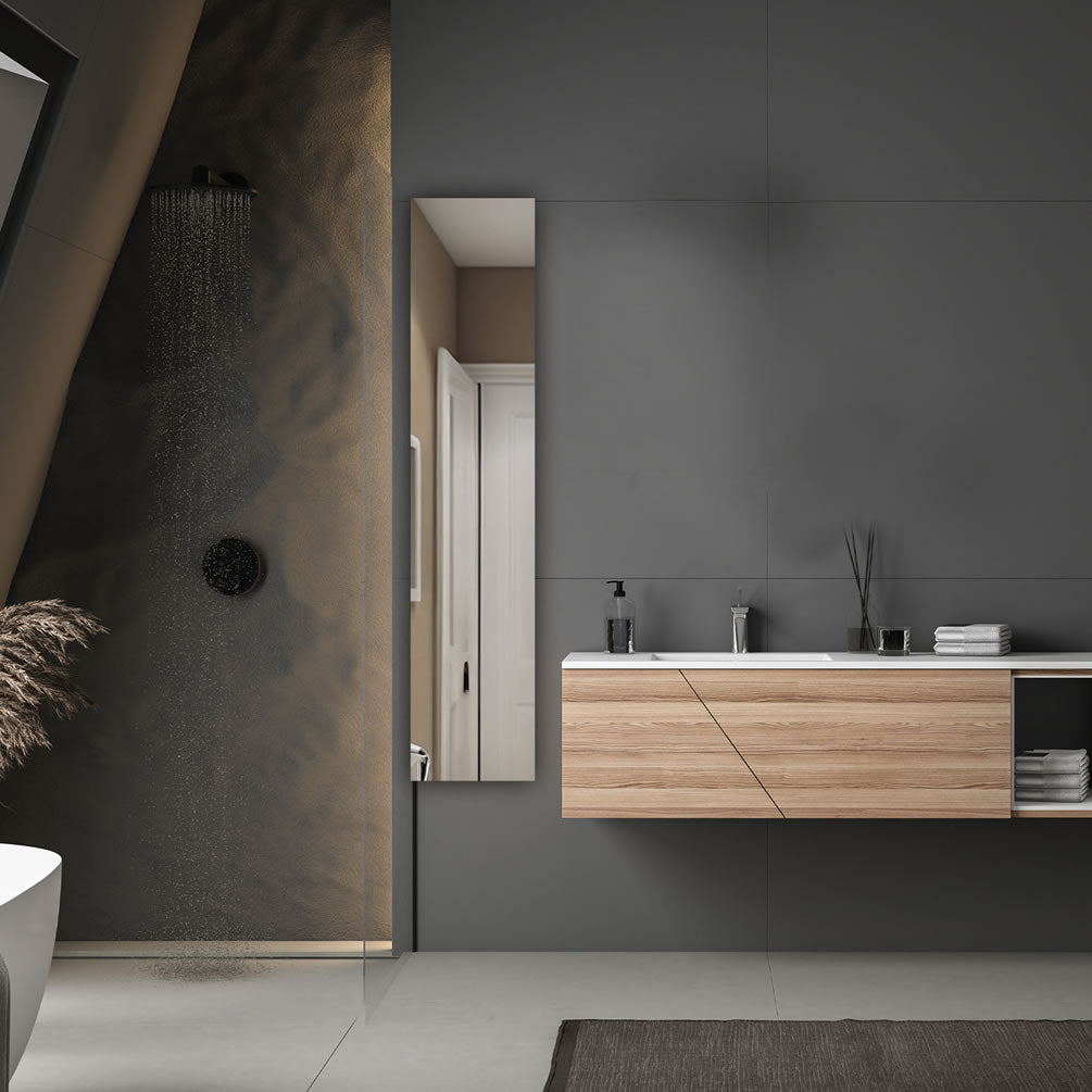 Aquadom 15 x 70 inch tall cabinet is an unusual shape that fits into lots of tight spaces with aplomb.