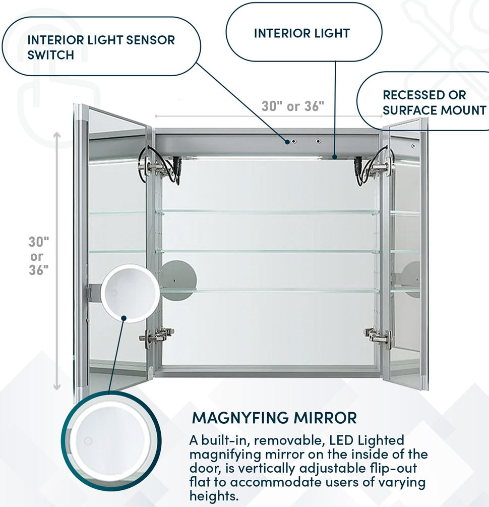 Aquadom Signature 2-Door LED Medicine Cabinet 30" or 36" Wide x 30" or 36" High