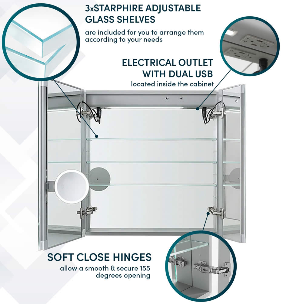 Aquadom Signature 2-Door LED Medicine Cabinet 30" or 36" Wide x 30" or 36" High - fully featured.