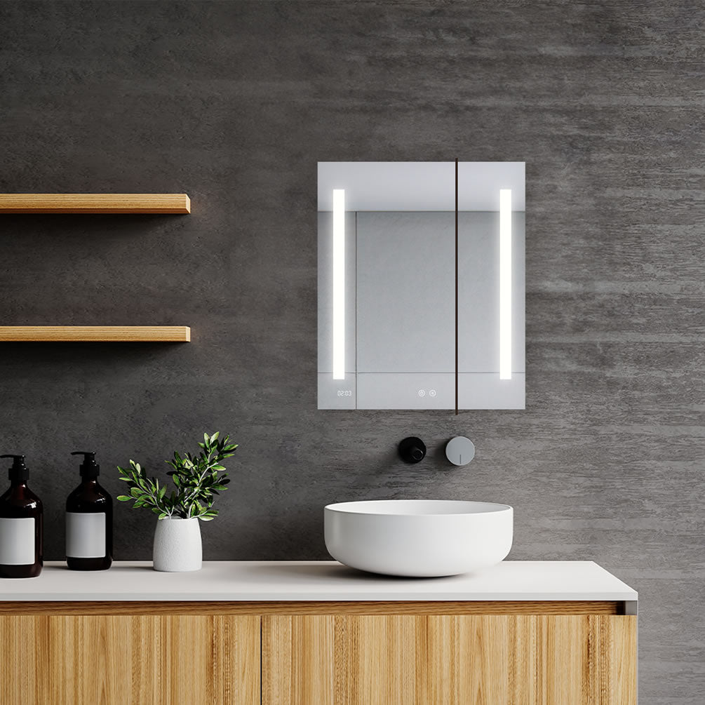 Aquadom Signature LED Medicine Cabinet 30" Wide x 36" High - with internal dimmer, adjustable LED color, defogger, and 3x makeup mirror inside.