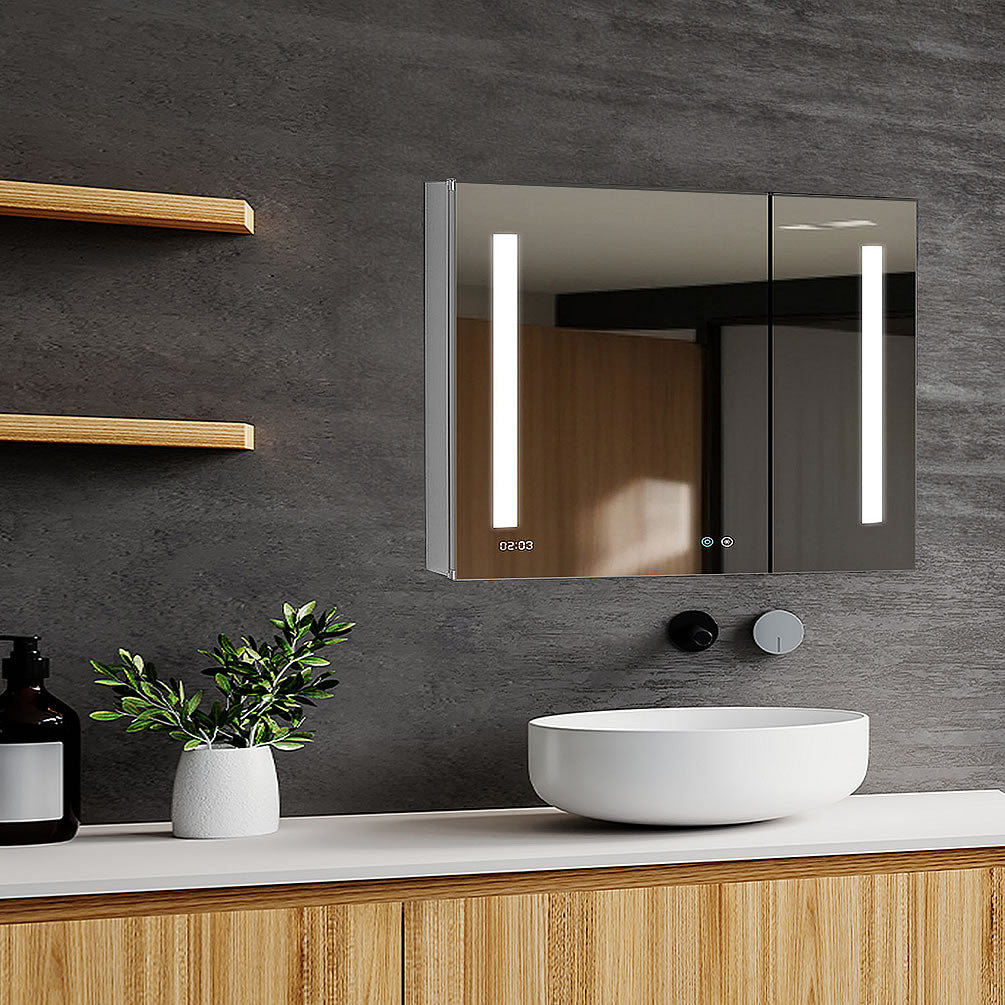 Aquadom Signature LED Medicine Cabinet 36" Wide x 30" High.  Doors are mirrored inside and out, as is the back wall.  Side panels for surface mounting and hardware is included.