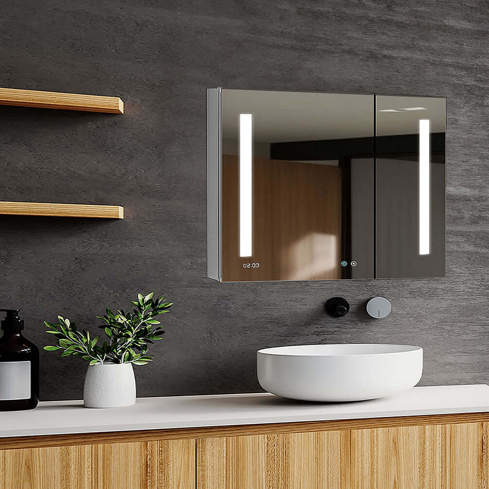 Aquadom Signature LED Medicine Cabinet 36" Wide x 30" High.  Doors are mirrored inside and out, as is the back wall.  Side panels for surface mounting and hardware is included.