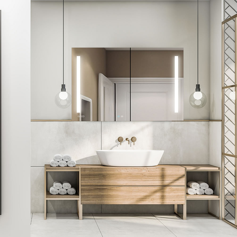 Dimmer, Adjustable LED Color, Electric Fog-Free Panell, Touch Sensors, Soft Close Hinges, and more.