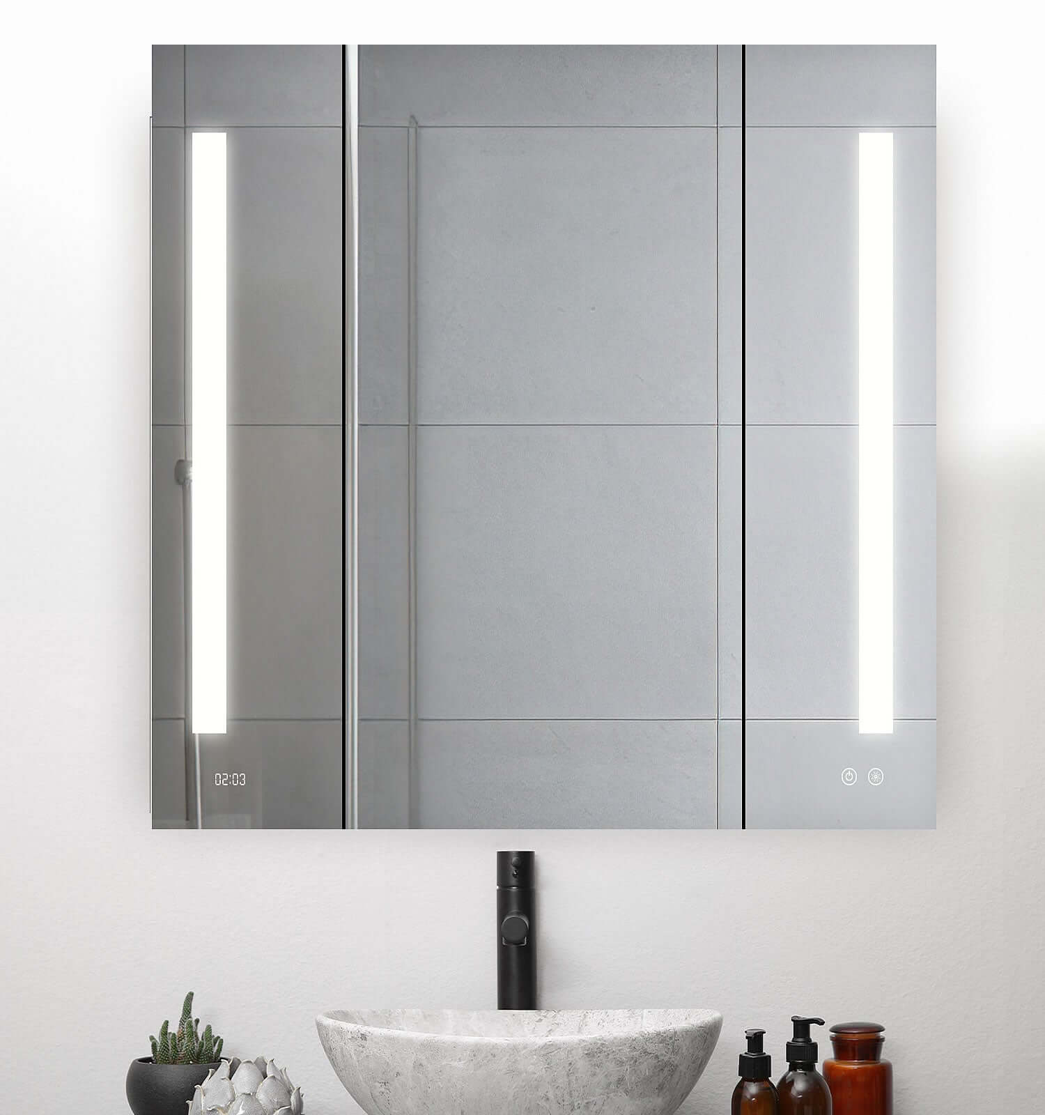 Aquadom 36" x 36" High Signature Medicine Cabinet.  The doors are on soft-close hinges and open to a wide 155 degrees.  Plus there's a recess at the door edges for fingerprint-free opening and closing.