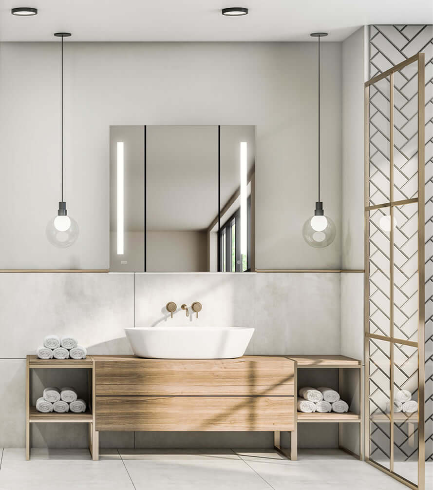 Aquadom 36" x 36" High Signature Medicine Cabinet.  There is a duplex electrical outlet inside, plus 2 USB ports. 