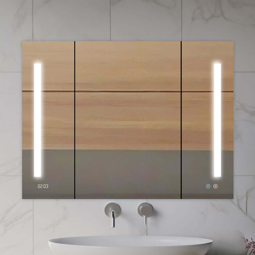 Aquadom 40" x 30" High Signature Medicine Cabinet.  An anti-fog panel is electrically heated to keep the mirror fog-free, even after a steamy shower.